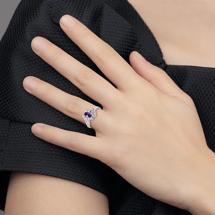 14k White Gold 6x4mm Oval Amethyst AA Real Diamond ring Goldiacom Rings