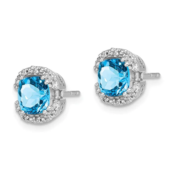 Goldia Earrings Solid 14k White Gold Cushion Simulated Blue Topaz and CZ Halo Earrings
