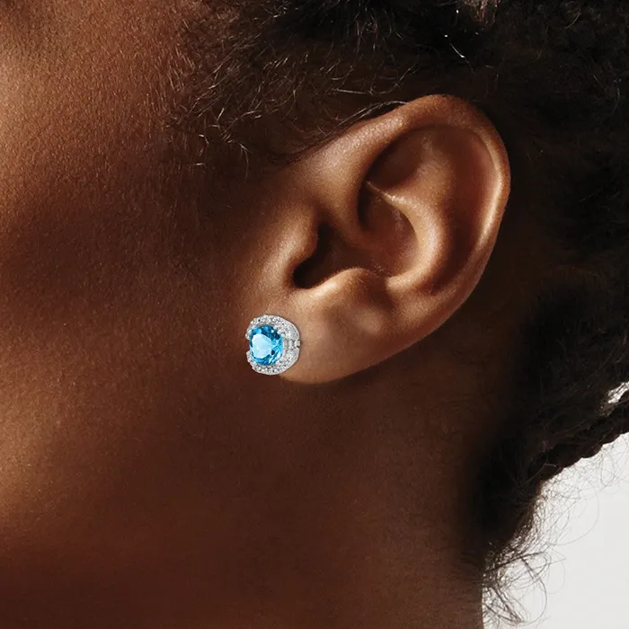 Goldia Earrings Solid 14k White Gold Cushion Simulated Blue Topaz and CZ Halo Earrings
