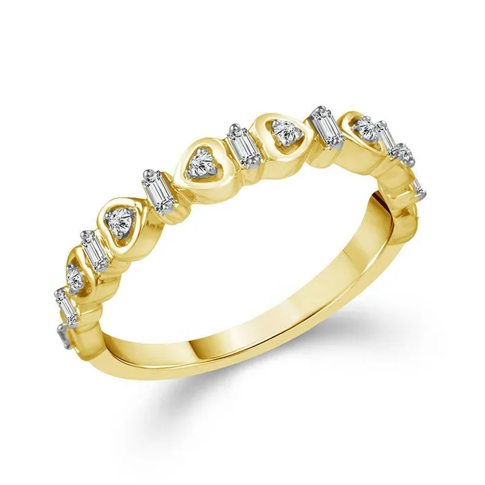 Rings Goldia 017 CT TW Baguette and Round Natural Diamond Alternating Heart Stackable Band in Solid 10K Yellow Gold