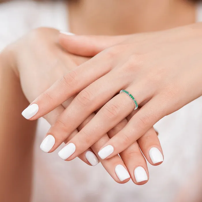Rings Solid 14k White Gold Simulated CZ and Emerald Band Goldia
