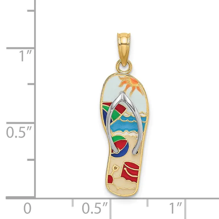 14k Yellow Gold Rhodium wRhodium MultiColored 3D Enamel Beach Scene On FlipFlop Charm TreasureFineJewelers Charm Necklaces