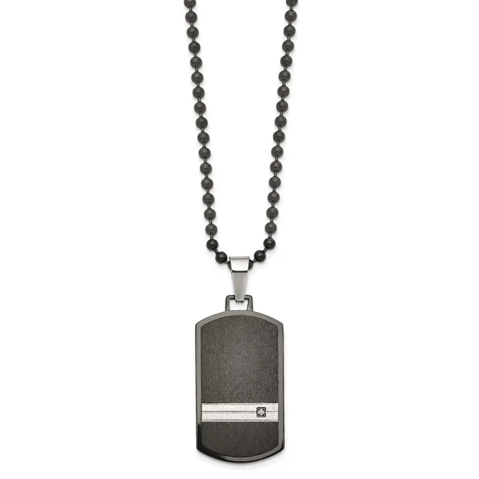 Chisel Stainless Steel Brushed and Polished Black IPplated with CZ Dog Tag on a 24 inch Ball Chain Necklace TreasureFineJewelers Necklaces