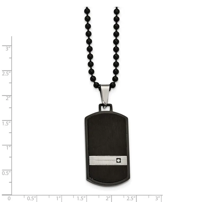 Chisel Stainless Steel Brushed and Polished Black IPplated with CZ Dog Tag on a 24 inch Ball Chain Necklace TreasureFineJewelers Necklaces