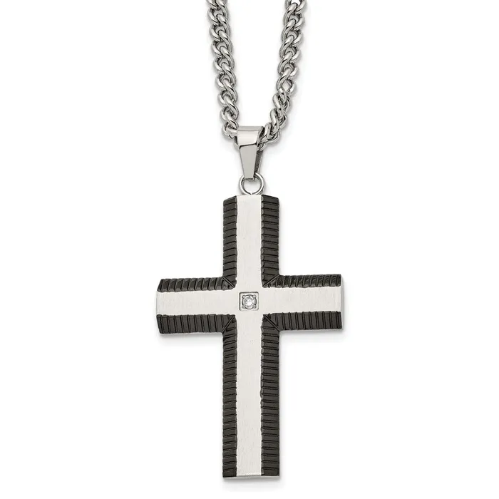 Necklaces TreasureFineJewelers Chisel Stainless Steel Brushed and Polished Black IPplated Edges with CZ Cross Pendant on a 22 inch Curb Chain Necklace Necklaces TreasureFineJewelers Chisel Stainless Steel Brushed and Polished Black IPplated Edges with CZ Cross Pendant on a 22 inch Curb Chain Necklace