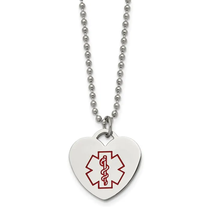 Necklaces TreasureFineJewelers Chisel Stainless Steel Polished with Red Enamel Heart Medical ID Pendant on a 22 inch Ball Chain Necklace Necklaces TreasureFineJewelers Chisel Stainless Steel Polished with Red Enamel Heart Medical ID Pendant on a 22 inch Ball Chain Necklace