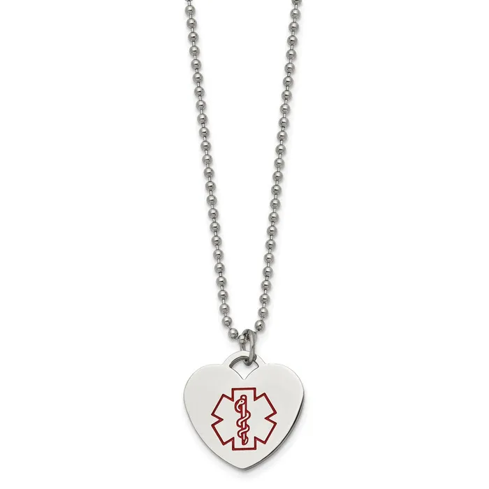 Necklaces TreasureFineJewelers Chisel Stainless Steel Polished with Red Enamel Heart Medical ID Pendant on a 22 inch Ball Chain Necklace