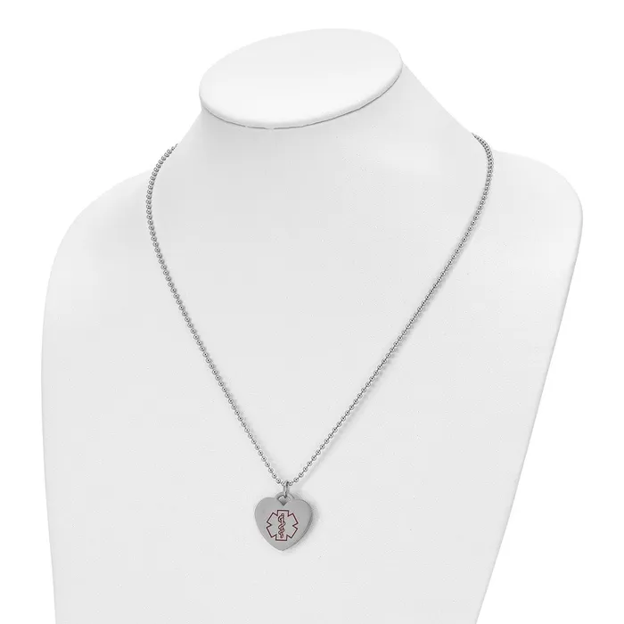 Necklaces TreasureFineJewelers Chisel Stainless Steel Polished with Red Enamel Heart Medical ID Pendant on a 22 inch Ball Chain Necklace