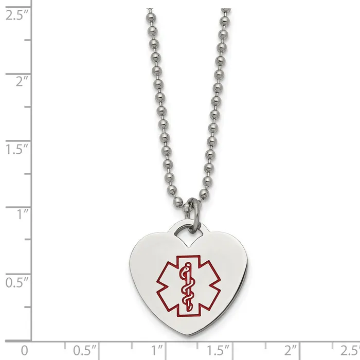 Necklaces TreasureFineJewelers Chisel Stainless Steel Polished with Red Enamel Heart Medical ID Pendant on a 22 inch Ball Chain Necklace