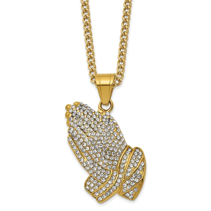 Necklaces TreasureFineJewelers Chisel Stainless Steel Polished Yellow IPplated with Crystal Praying Hands Pendant on a 24 inch Curb Chain Necklace Necklaces TreasureFineJewelers Chisel Stainless Steel Polished Yellow IPplated with Crystal Praying Hands Pendant on a 24 inch Curb Chain Necklace
