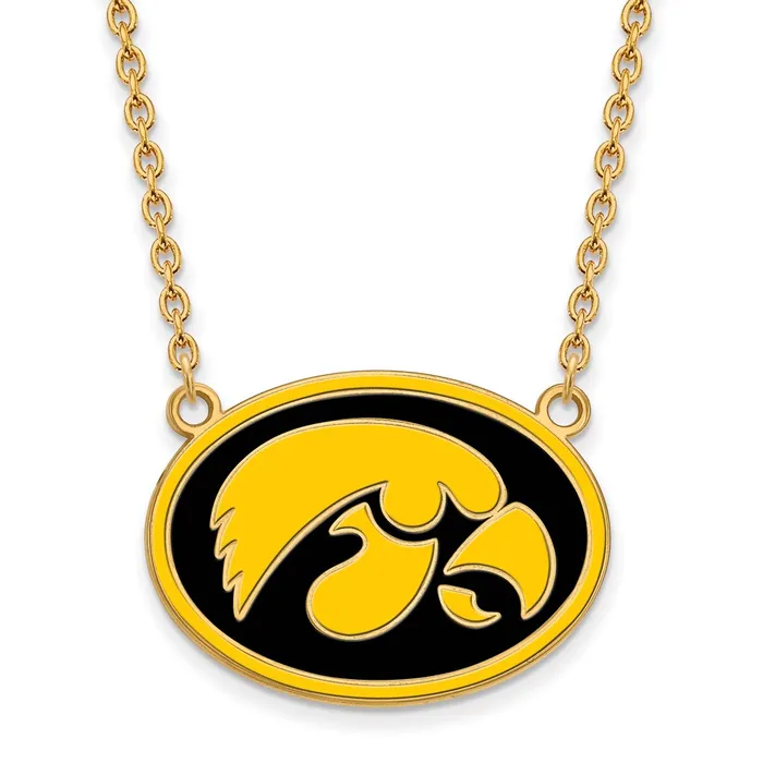 Sterling Silver Goldplated University of Iowa Hawk Enameled Large Oval Pendant 18 inch Necklace TreasureFineJewelers Necklaces Sterling Silver Goldplated University of Iowa Hawk Enameled Large Oval Pendant 18 inch Necklace TreasureFineJewelers Necklaces