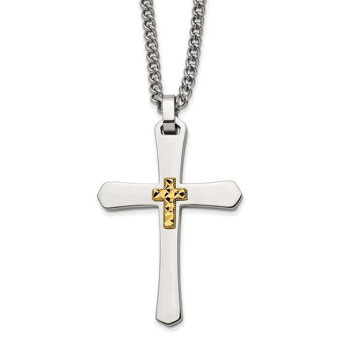 TreasureFineJewelers Chisel Stainless Steel Polished with 14k Gold Accent Diamondcut Cross Pendant on a 24 inch Curb Chain Necklace Necklaces TreasureFineJewelers Chisel Stainless Steel Polished with 14k Gold Accent Diamondcut Cross Pendant on a 24 inch Curb Chain Necklace Necklaces