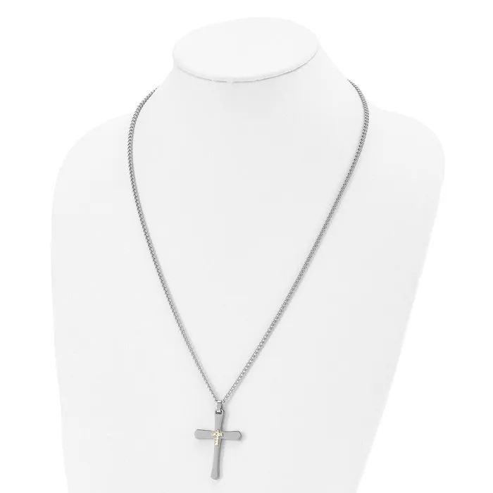 TreasureFineJewelers Chisel Stainless Steel Polished with 14k Gold Accent Diamondcut Cross Pendant on a 24 inch Curb Chain Necklace Necklaces