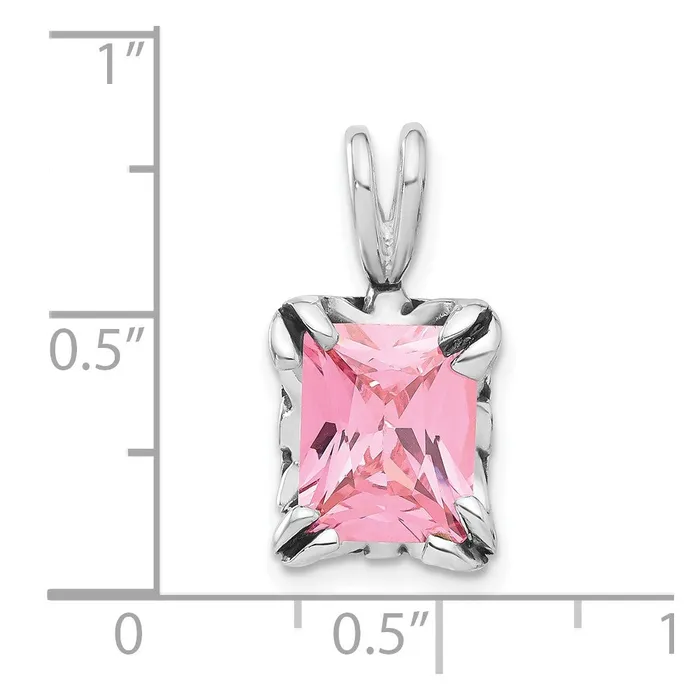 TreasureFineJewelers Necklaces Sterling Silver Antiqued Emerald Shaped Pink CZ Pendant